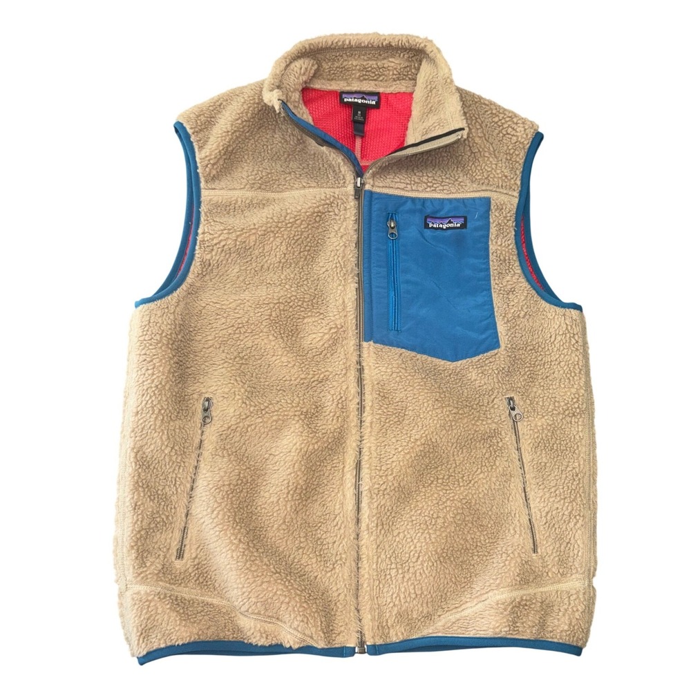 Patagonia Retro X Fleece Vest Mens M Tan Blue Full Zip Outdoor Pile Sherpa